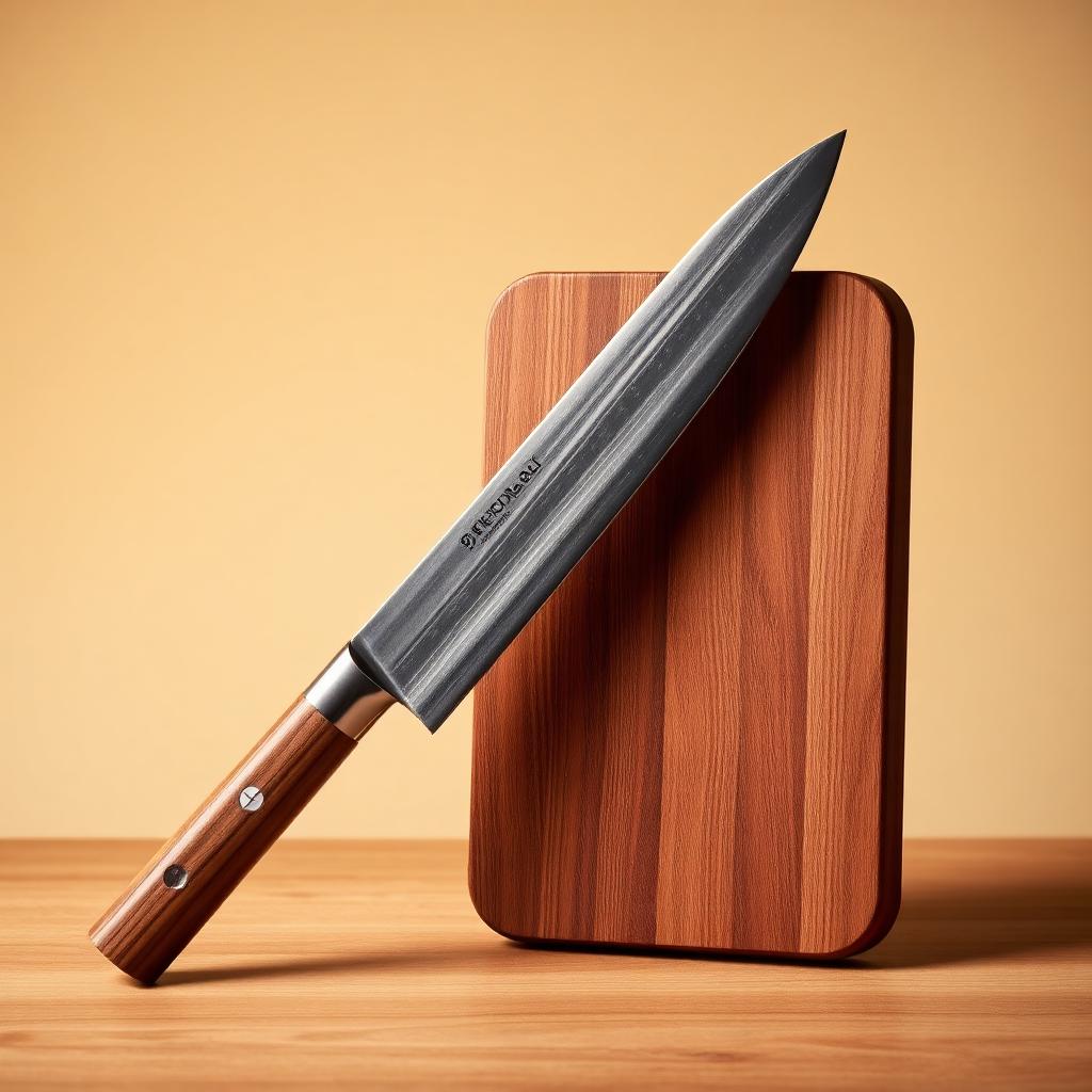 Ronin 8 inch chef's knife with wooden handle on a cutting board
